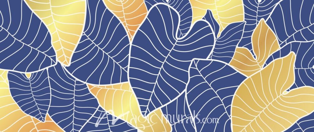 Gold and Blue Philodendron Leaves 5948 Wallpaper Wall Mural