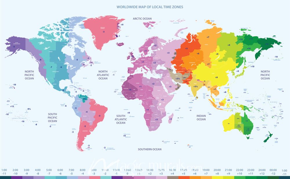 Multi-Colored Time-Zone Marked World Map Wallpaper Wall Mural