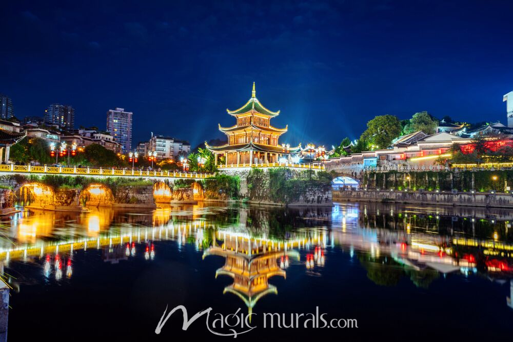 Jiaxiu Pavilion Guiyang China at Night 9114 Wallpaper Wall Mural