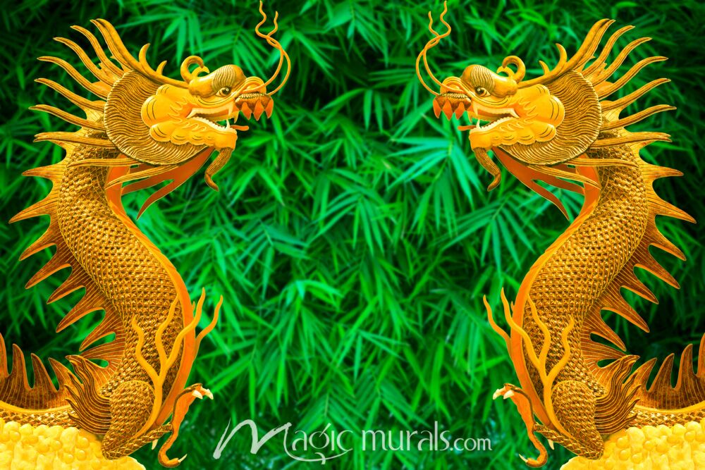 Golden Dragons on Bamboo Wallpaper Wall Mural