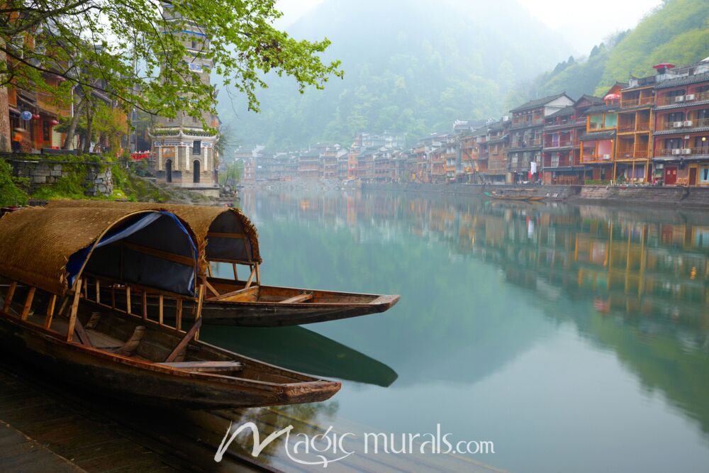 Rural Chinese Village on Canal Wallpaper Wall Mural