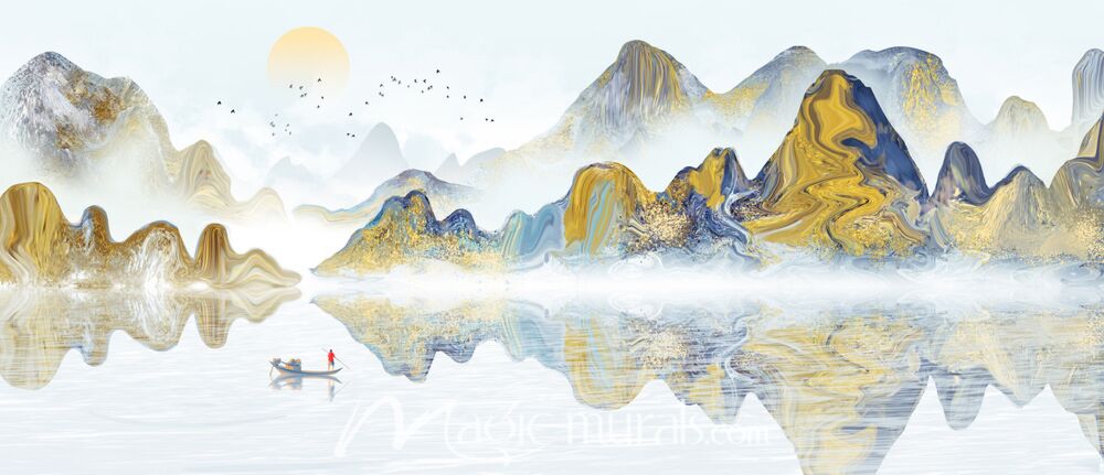 Modern Ink Wash Fishing Scene 9545 Wallpaper Wall Mural