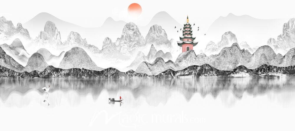 Modern Ink Wash Fishing Scene 9580 Wallpaper Wall Mural