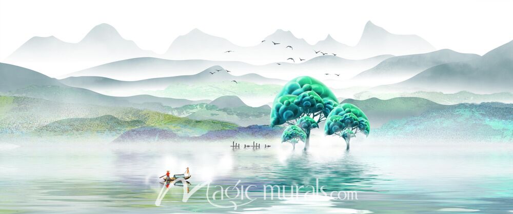 Modern Ink Wash Fishing Scene 2951 Wallpaper Wall Mural