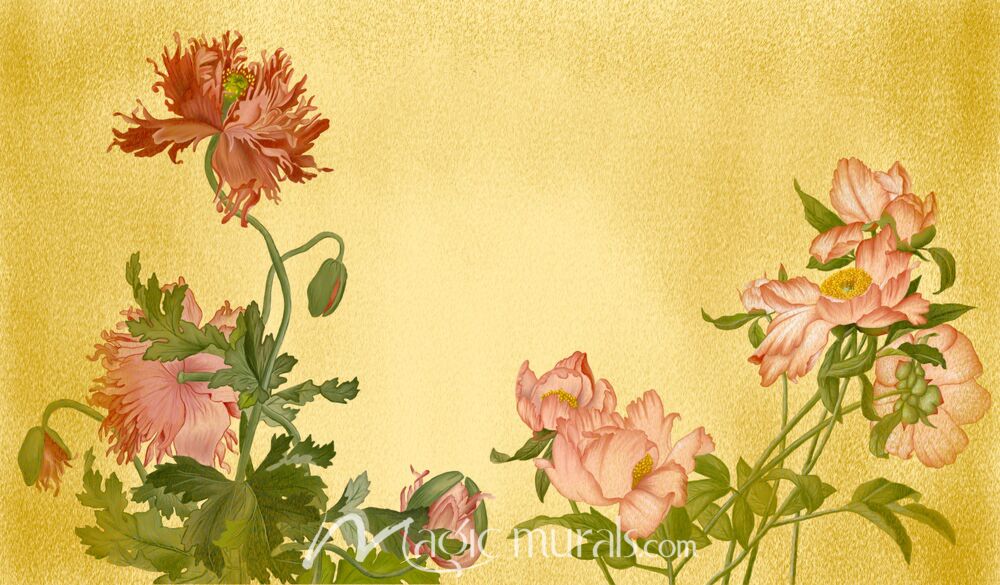 Vintage Peonies and Poppies on Gold 8816 Wallpaper Wall Mural