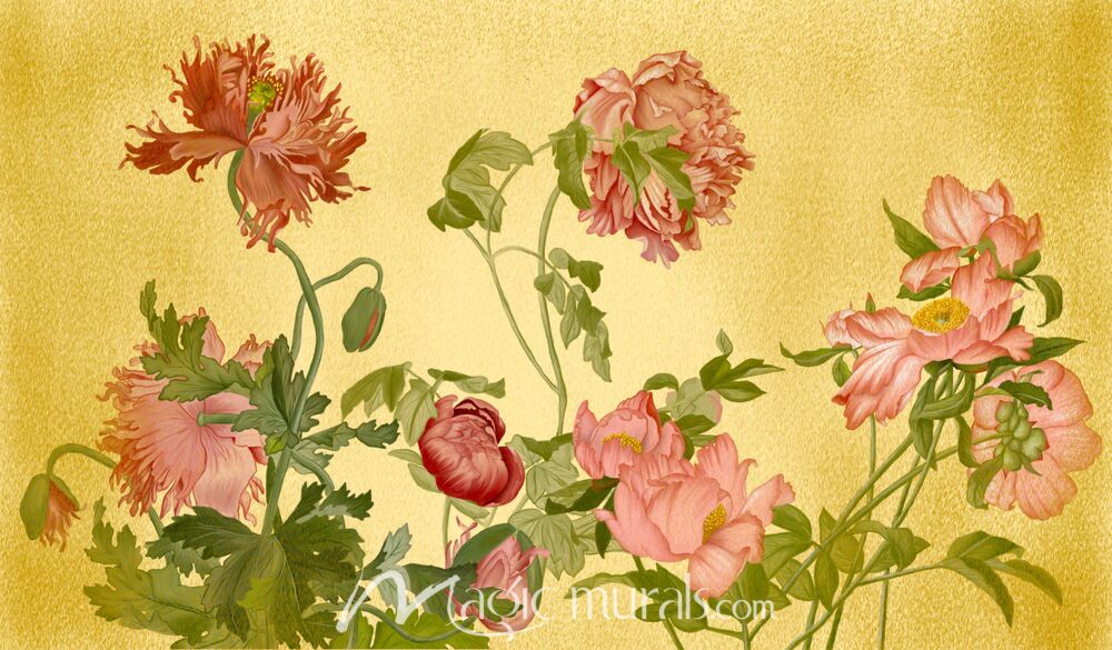 Vintage Peonies and Poppies on Gold 1521 Wallpaper Wall Mural