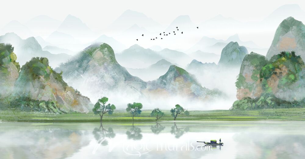 Modern Ink Wash Fishing Scene 2422 Wallpaper Wall Mural