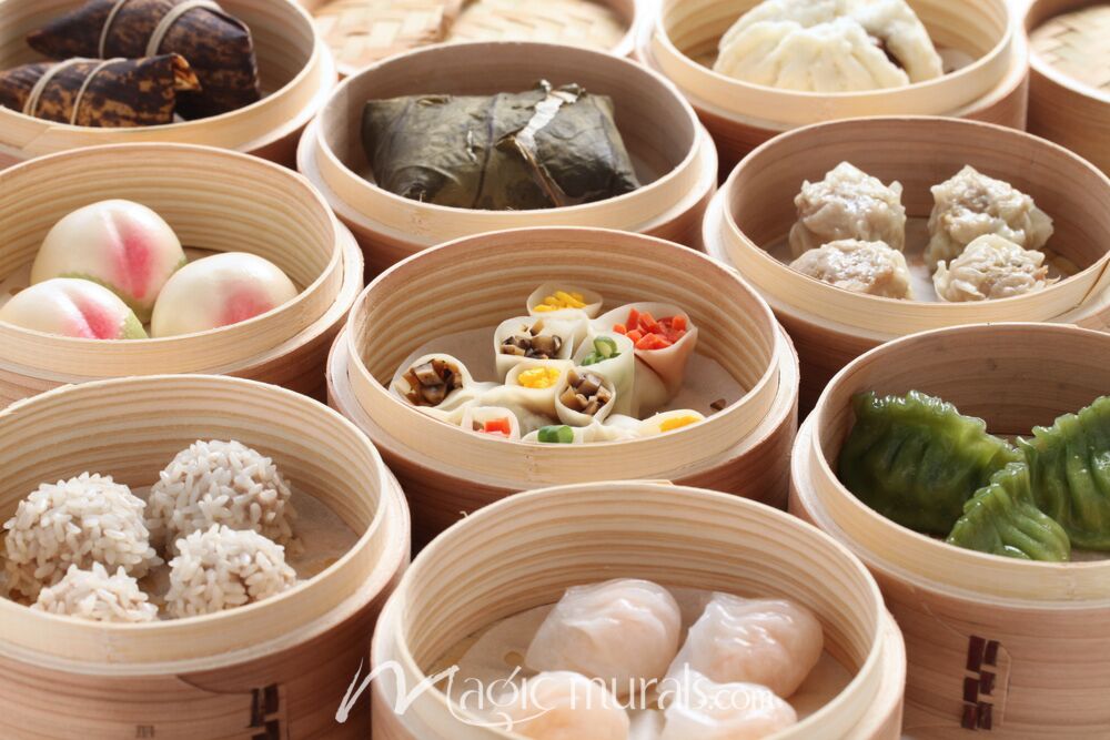 Yumcha Dim Sum in Bamboo Steamer Wallpaper Wall Mural