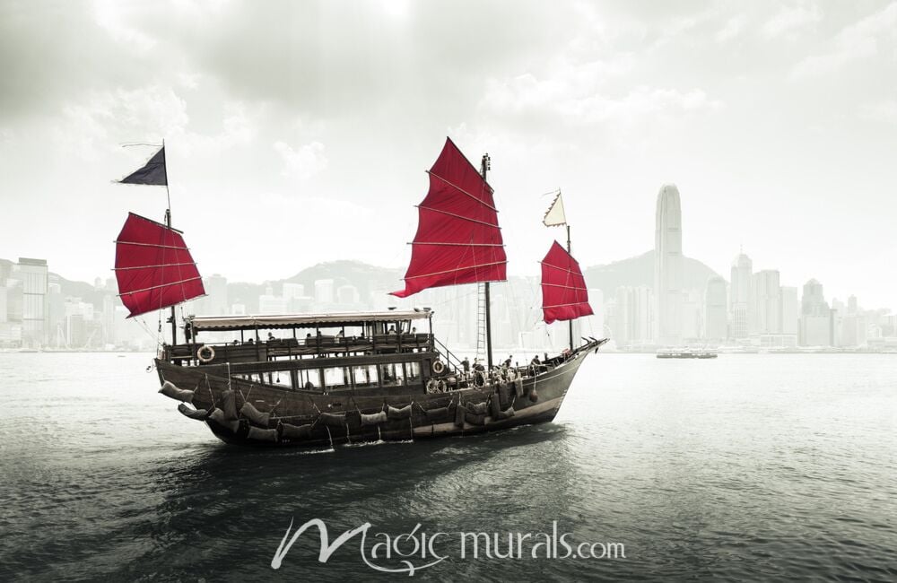 Junk Boat in Hong Kong Harbor Wallpaper Wall Mural