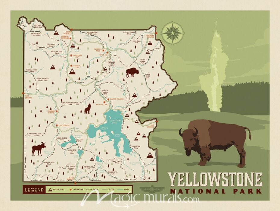 ADG Yellowstone National Park Map Wallpaper Wall Mural