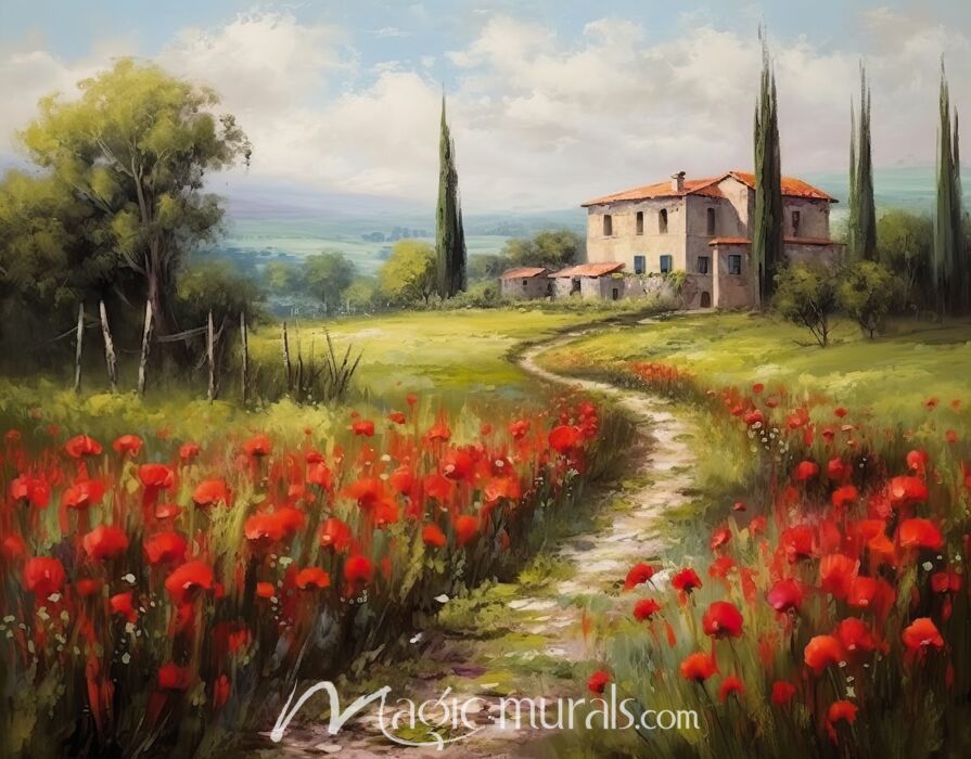 Tuscan Poppy Field Villa 4696 Wallpaper Wall Mural