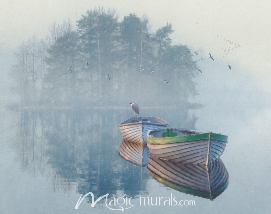 Lonely Lake Rowboats Wallpaper Wall Mural