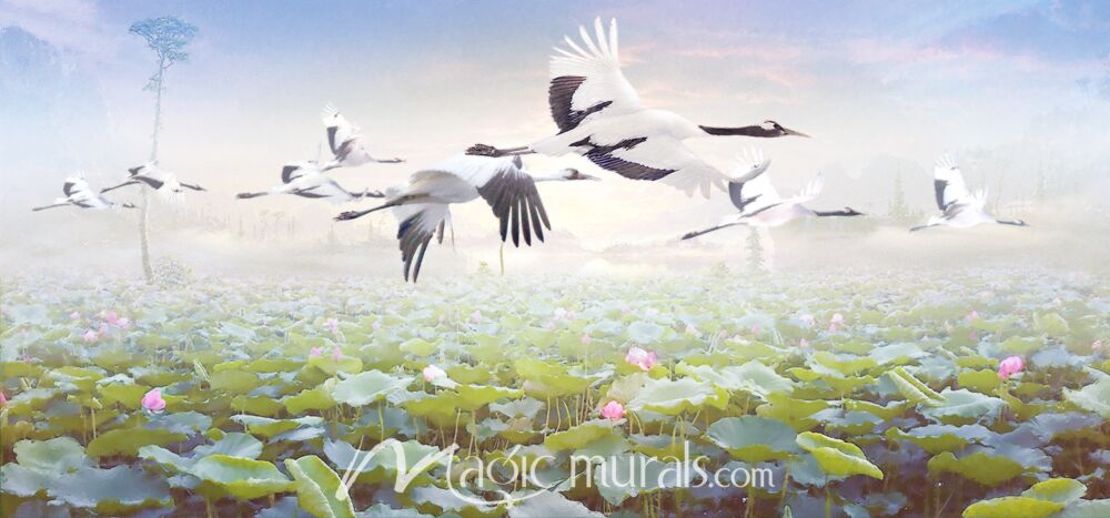 Lotus Trippers Cranes Wallpaper Wall Mural