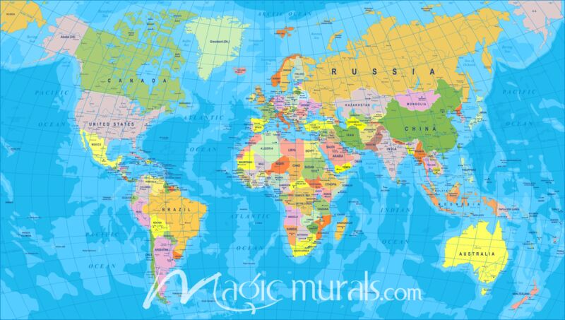 Colorful Africa-Centered Political World Map III Wallpaper Wall Mural