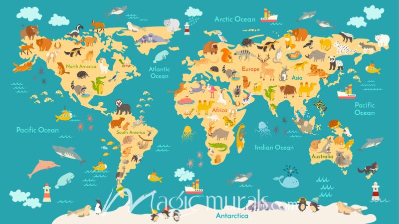 Kids Illustrated World Map with Animals Wallpaper Wall Mural