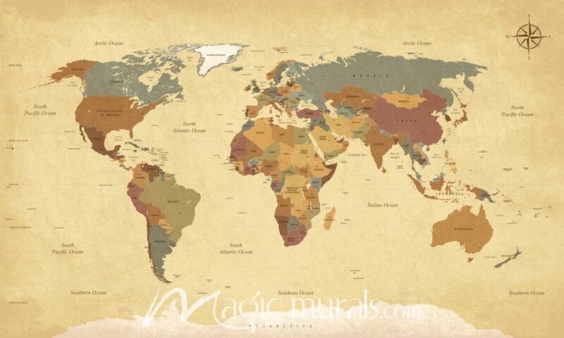 Vintage Looking Africa-Centered World Map Wallpaper Wall Mural