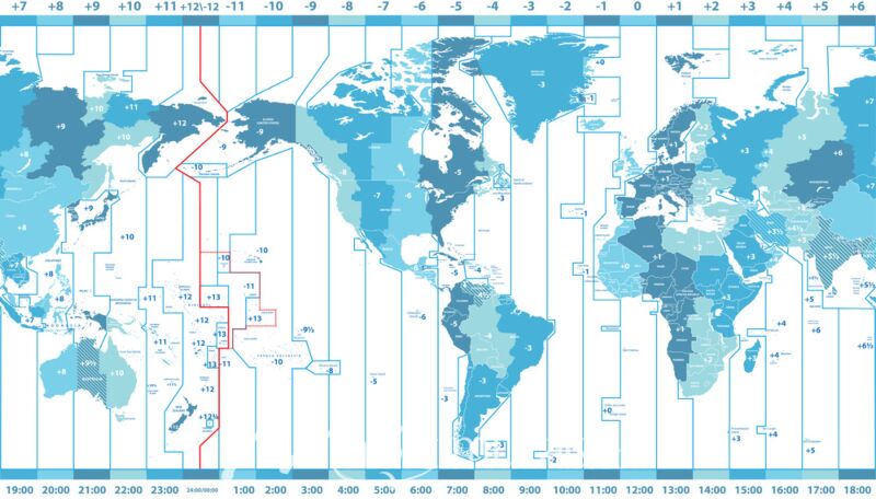 Americas-Centered Time-Zone Marked World Map Wallpaper Wall Mural