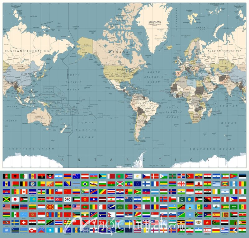 Americas-Centered Wold Map with World Flags Wallpaper Wall Mural