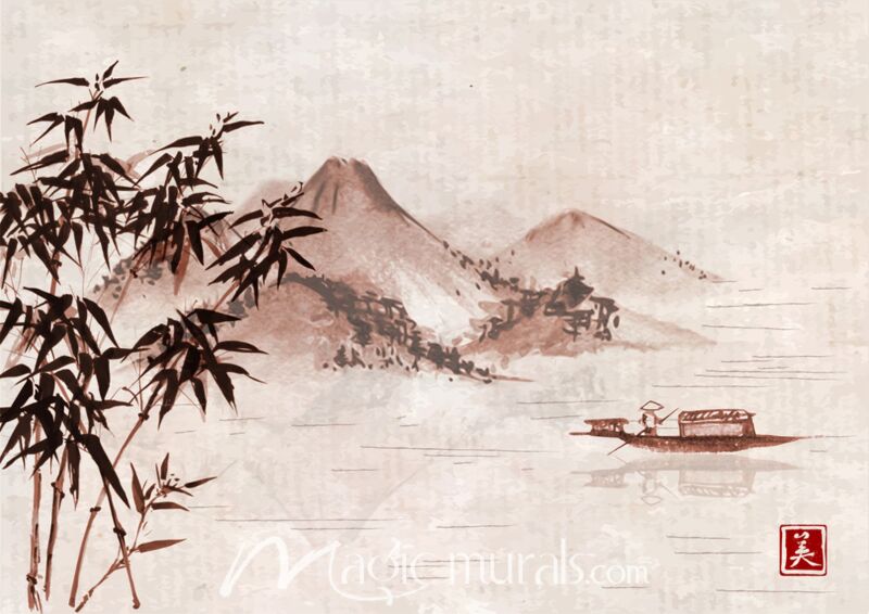 Asian Boat and Islands Ink Wash Painting 2604 Wallpaper Wall Mural