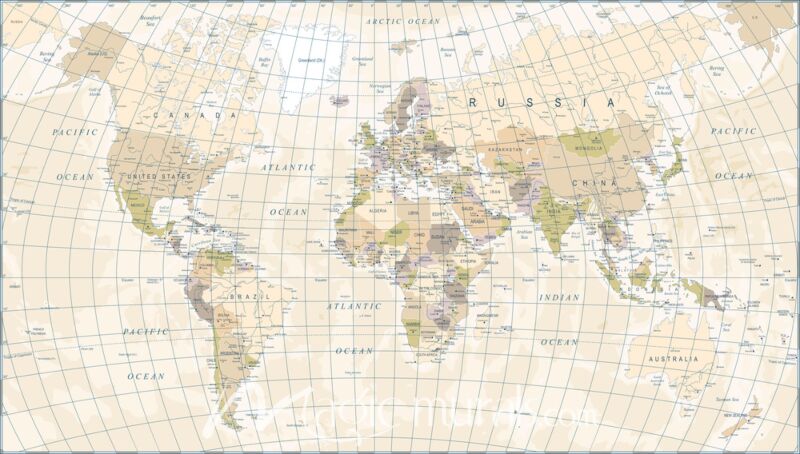 Modern Vintage-Style World Vector Map Wallpaper Wall Mural