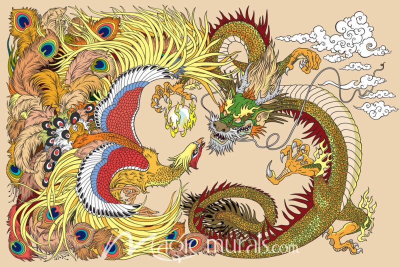 Chinese Dragon and Phoenix Wallpaper Wall Mural