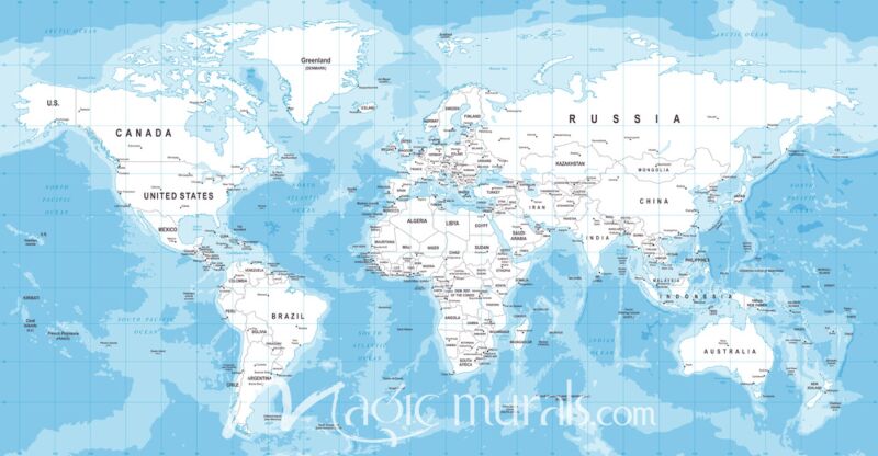 Blue and White Africa-Centered World Map Wallpaper Wall Mural