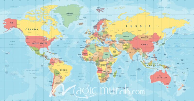 Colorful Political Africa-Centered World Map Wallpaper Wall Mural