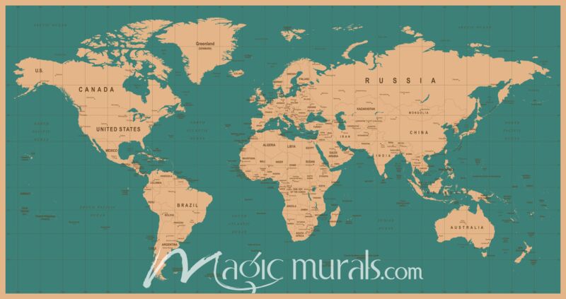 Beige Africa-Centered World Map on Aquamarine Wallpaper Wall Mural