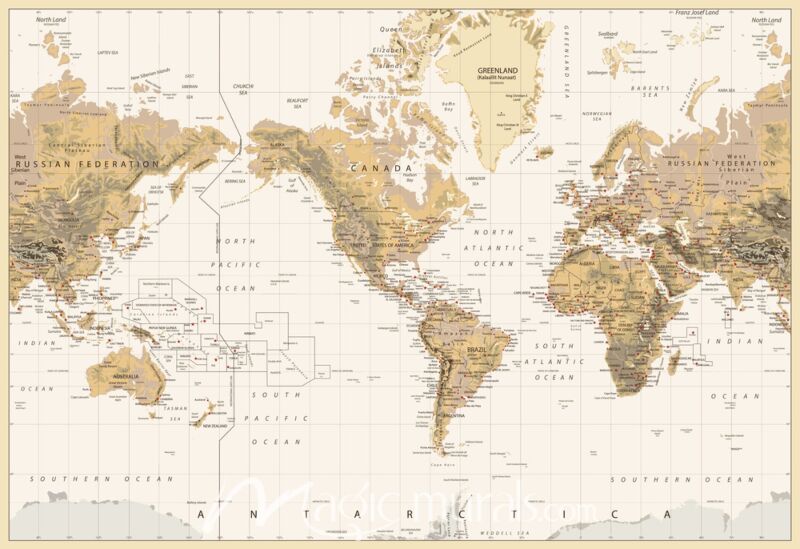 Americas-Centered Physical World Map in Earth Tones Wallpaper Wall Mural