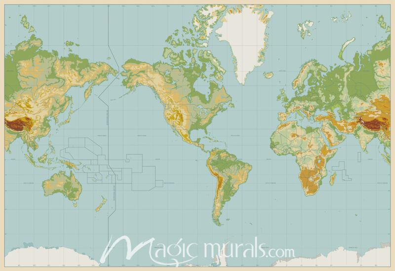 Physical World Map without Country Names Wallpaper Wall Mural