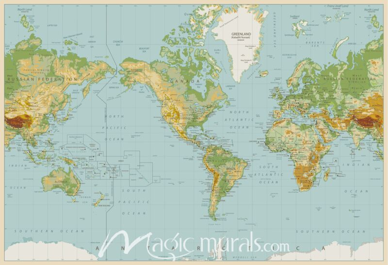 Physical World Map with Country Names Wallpaper Wall Mural