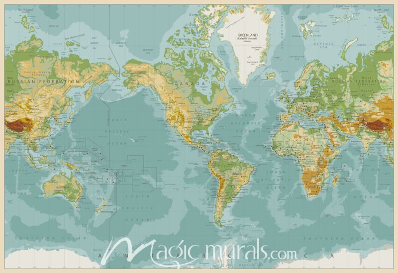 Vintage Style Americas-Centered Physical World Map Wallpaper Wall Mural