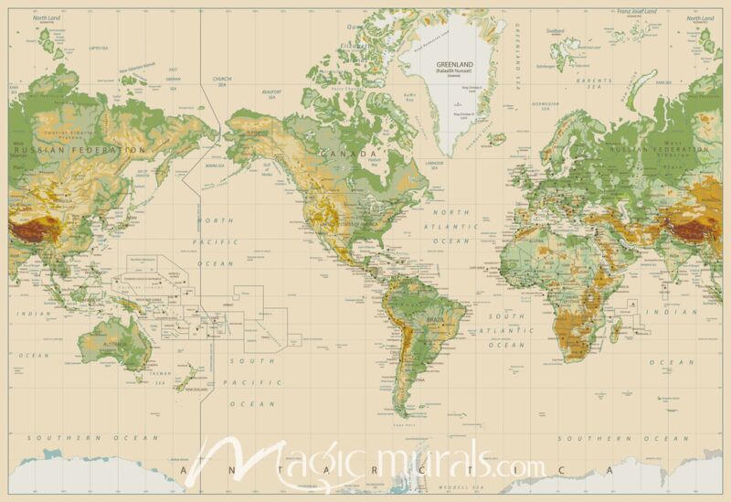 Vintage Style Physical World Map with Country Names Wallpaper Wall Mural