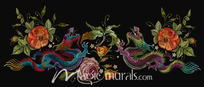 Embroidered Look Chinese Dragons Wallpaper Wall Mural