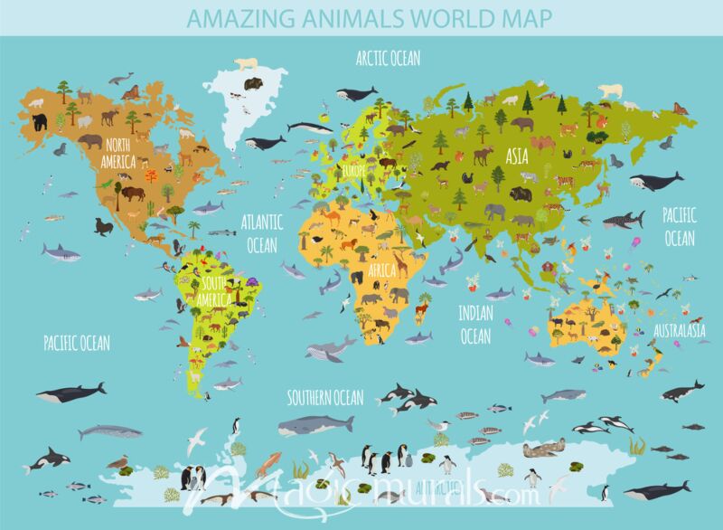 Amazing Animals World Map for Kids Wallpaper Wall Mural