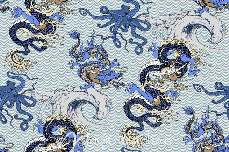 Asian Dragon w Octopus and Waves Wallpaper Wall Mural