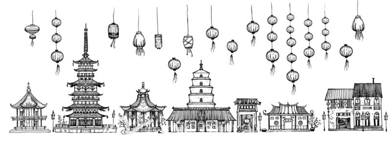 Pagodas and Lanterns Drawing Wallpaper Wall Mural