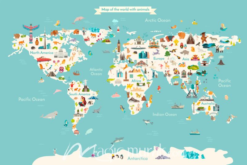 Kids Illustrated World Map Wallpaper Wall Mural