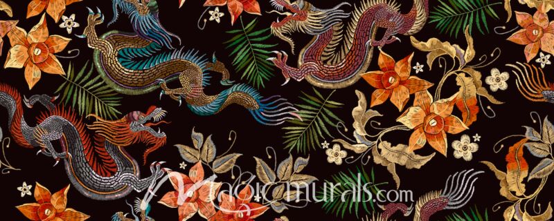 Embroidered Look Chinese Dragons and Flowers Wallpaper Wall Mural