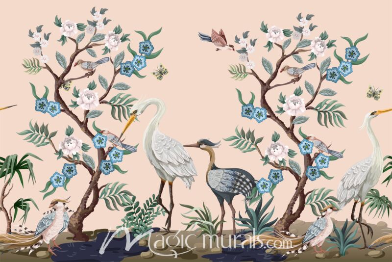 Herons and Peacock Floral 6072 Wallpaper Wall Mural