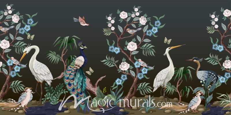 Herons and Peacock Floral 7217 Wallpaper Wall Mural