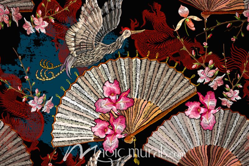 Asian Cranes and Fans 5402 Wallpaper Wall Mural