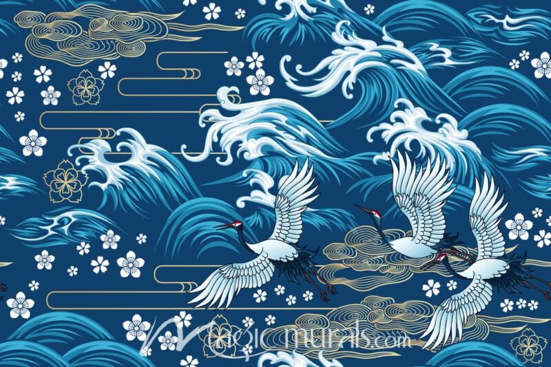 Crane and Waves Seamless Pattern Wallpaper Wall Mural