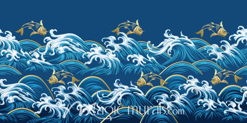 Waves and Carp on Blue 8353 Wallpaper Wall Mural