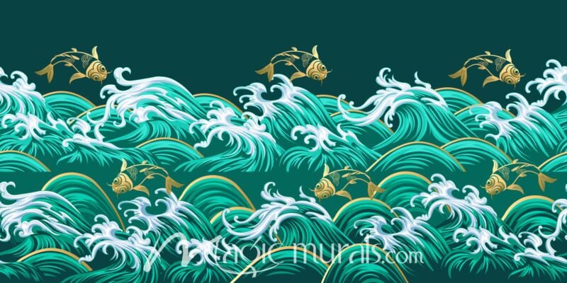 Waves and Carp in Green 8470 Wallpaper Wall Mural