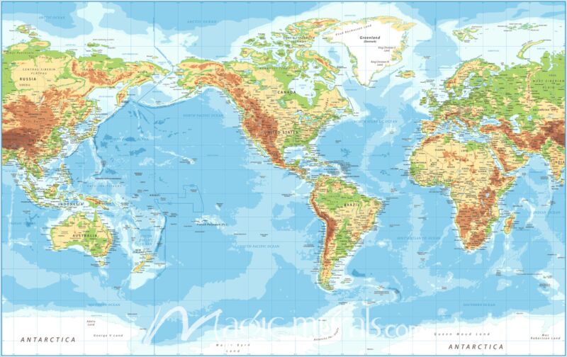 Americas-Centered Physical World Map II Wallpaper Wall Mural