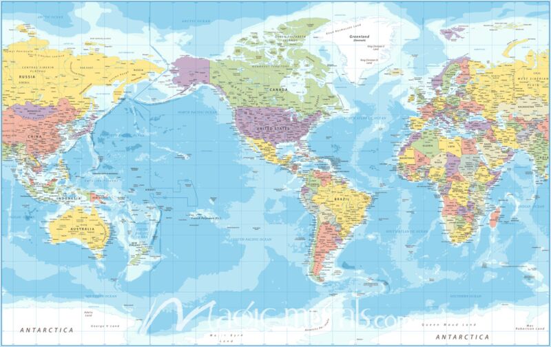 Americas-Centered Political World Map Wallpaper Wall Mural