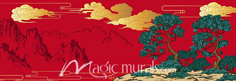 Classic Chinese Landscape in Red 1315 Wallpaper Wall Mural