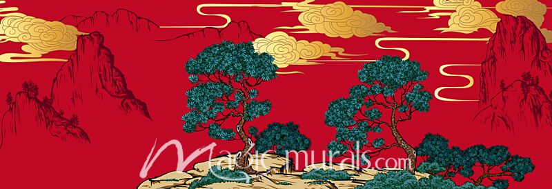 Chinese Landscape in Red 2023 Wallpaper Wall Mural