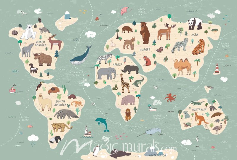 Large Animals Illustrated World Map for Kids Wallpaper Wall Mural